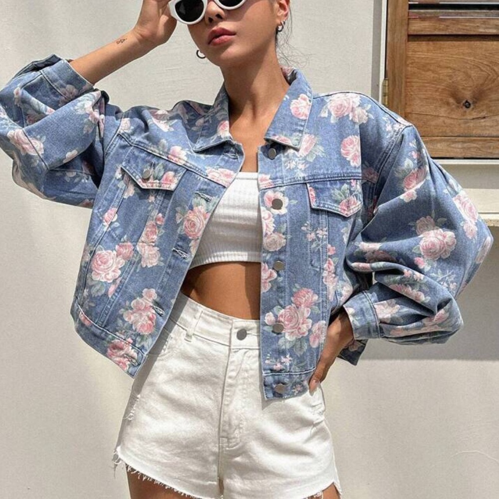 Floral Denim Jacket shacket boho flower blue